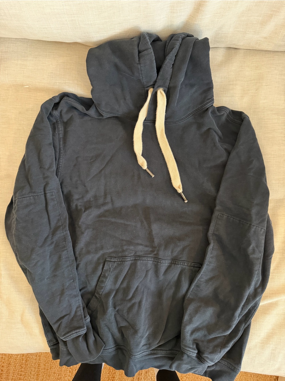Buck Mason Cozy Dark Navy Hooded Sweatshirt with Cream Drawstrings